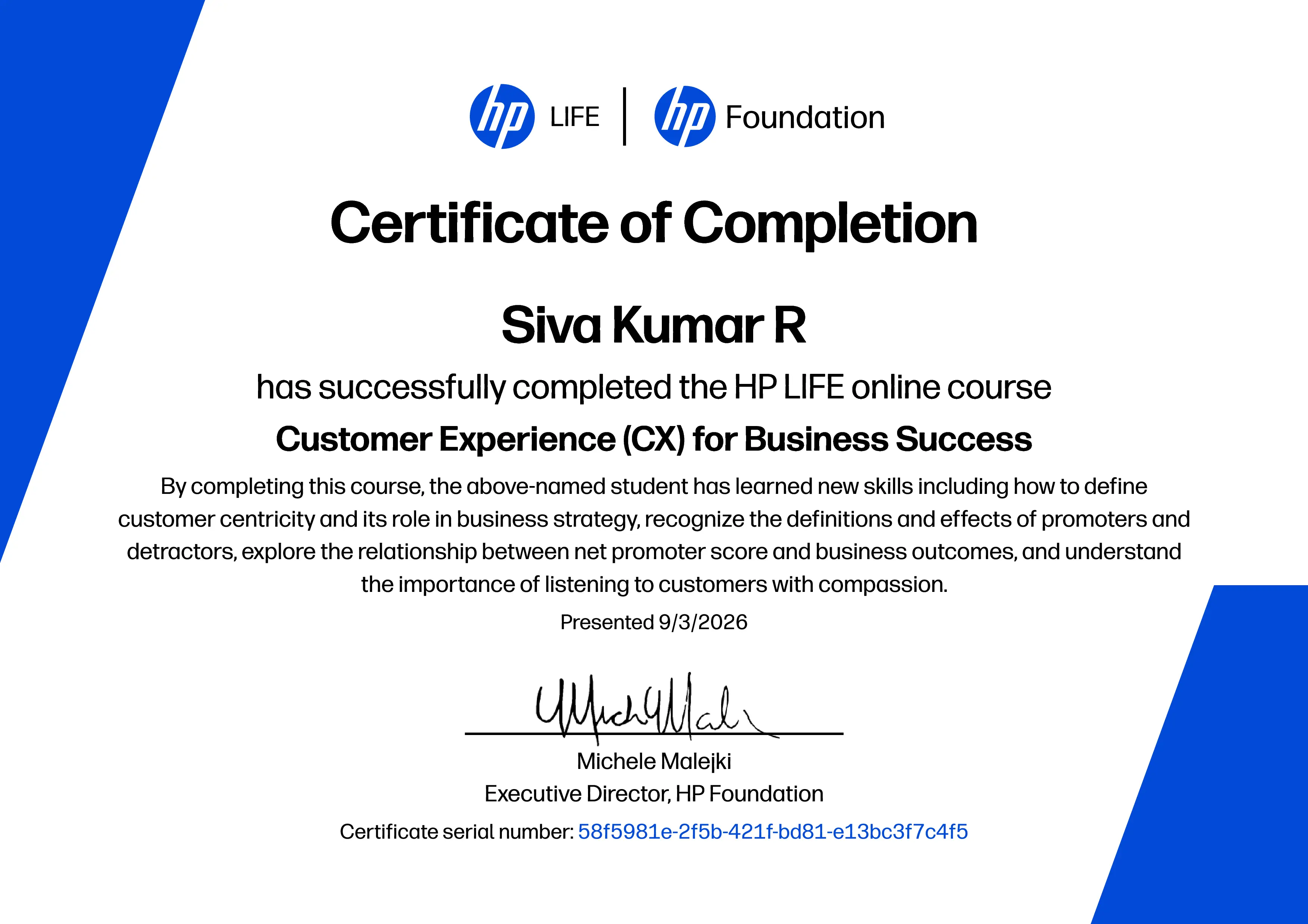 Siva Kumar R Customer Experience CX for Business Success Certification
